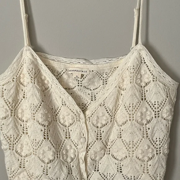 Aeropostale Tank Top XL Crochet Button-Front Crop Ivory Boho Hippie Prairie - Picture 3 of 6